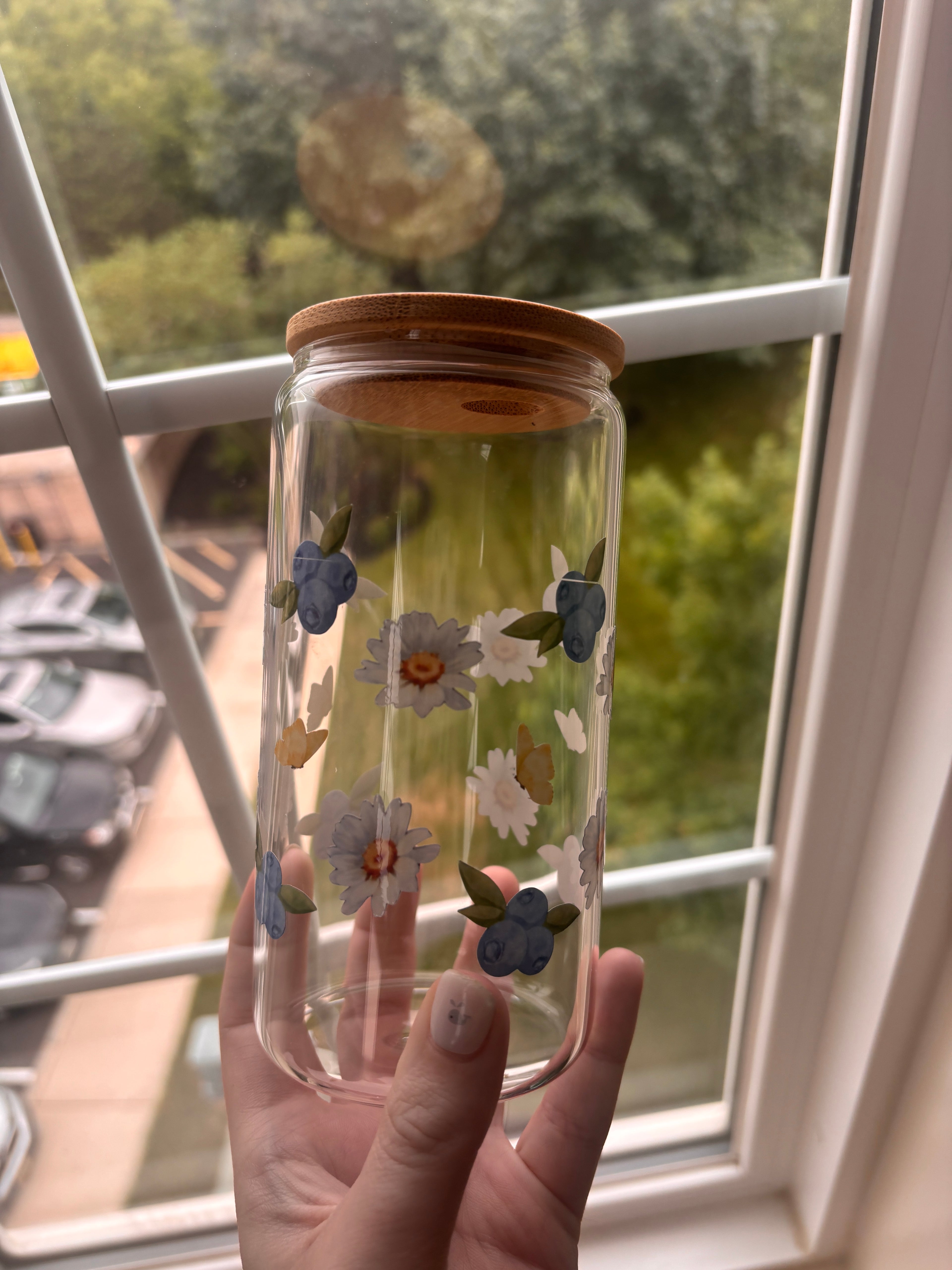 Blueberry and flowery glass/plastic 16oz cup