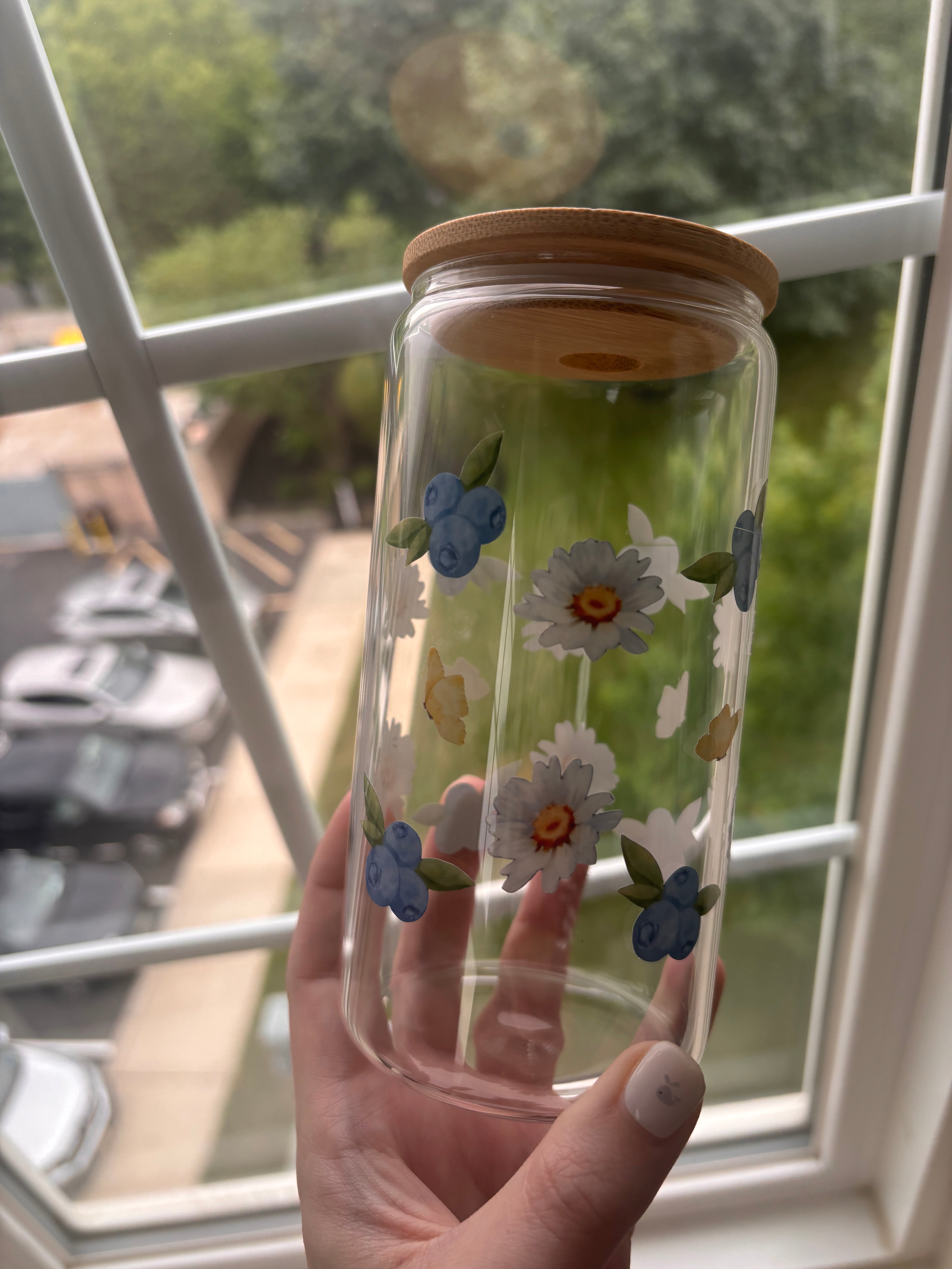 Blueberry and flowery glass/plastic 16oz cup