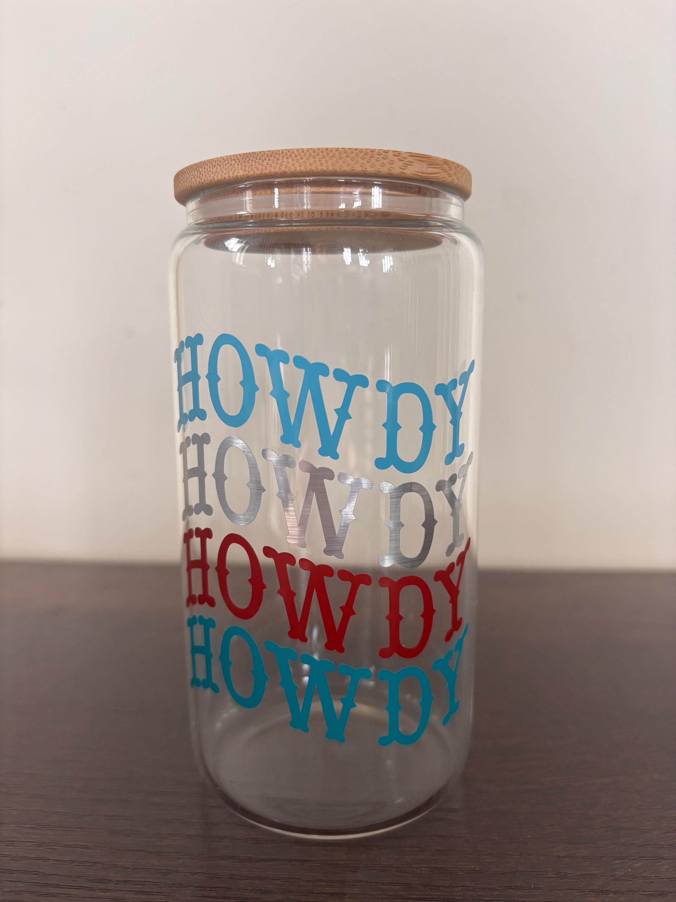 Howdy 16oz glass/plastic cups with bamboo lid and glass straw