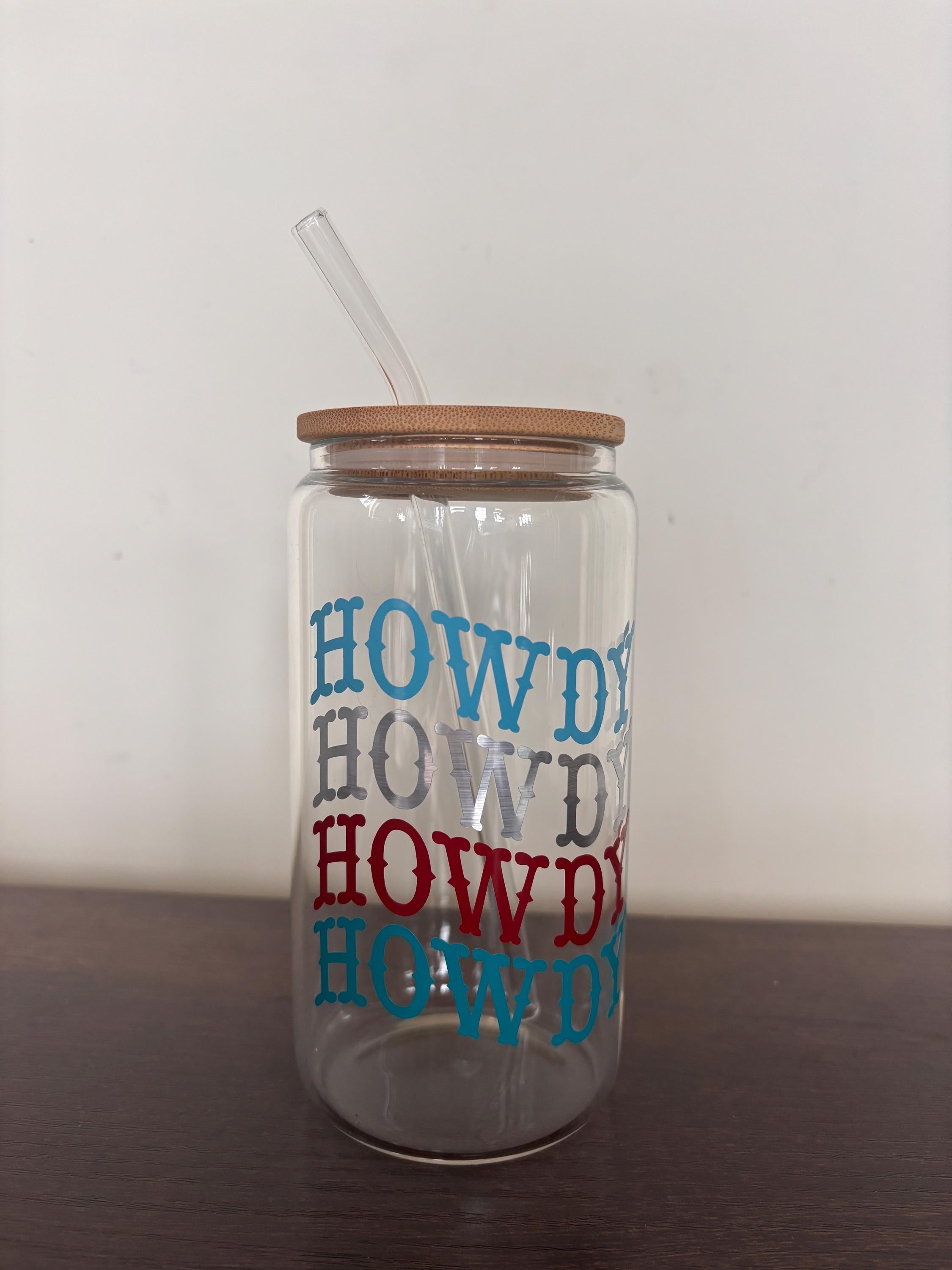 Howdy 16oz glass/plastic cups with bamboo lid and glass straw