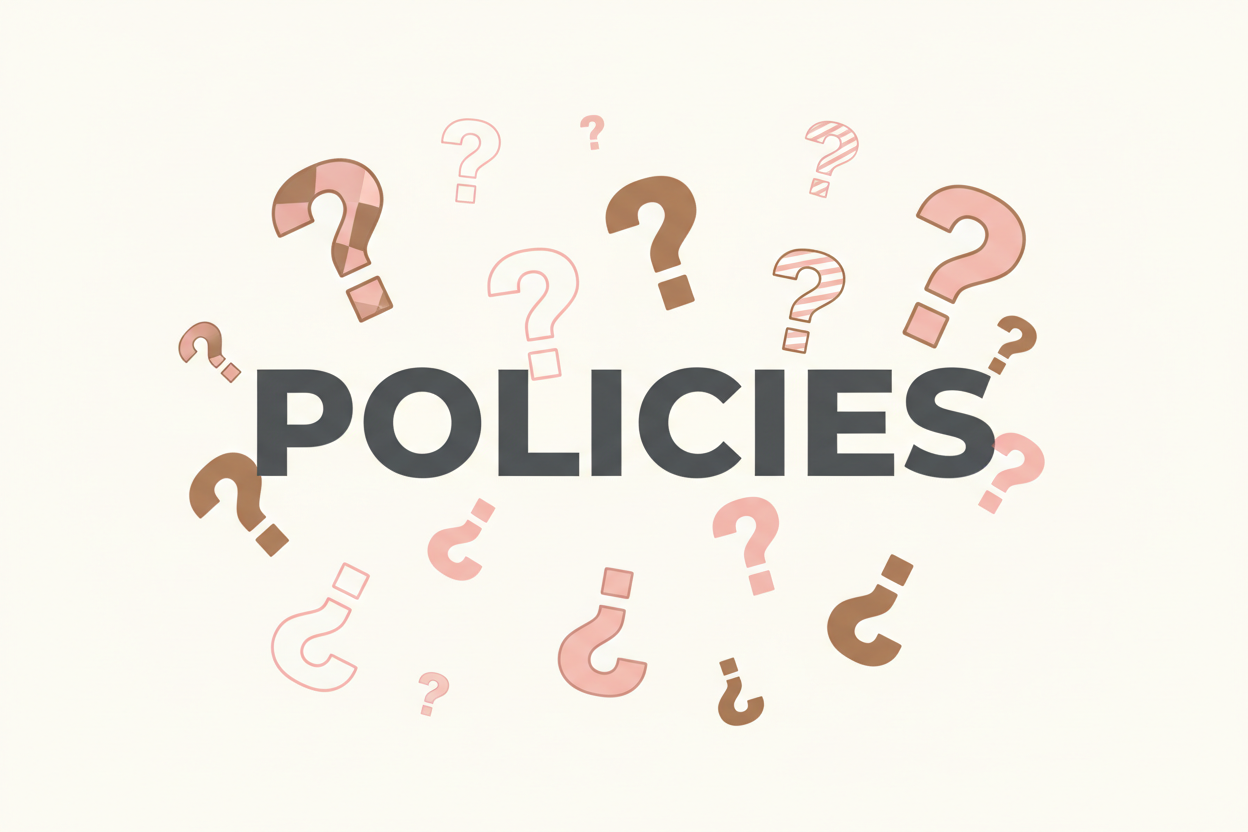 Pink or brown question marks and the word policies 